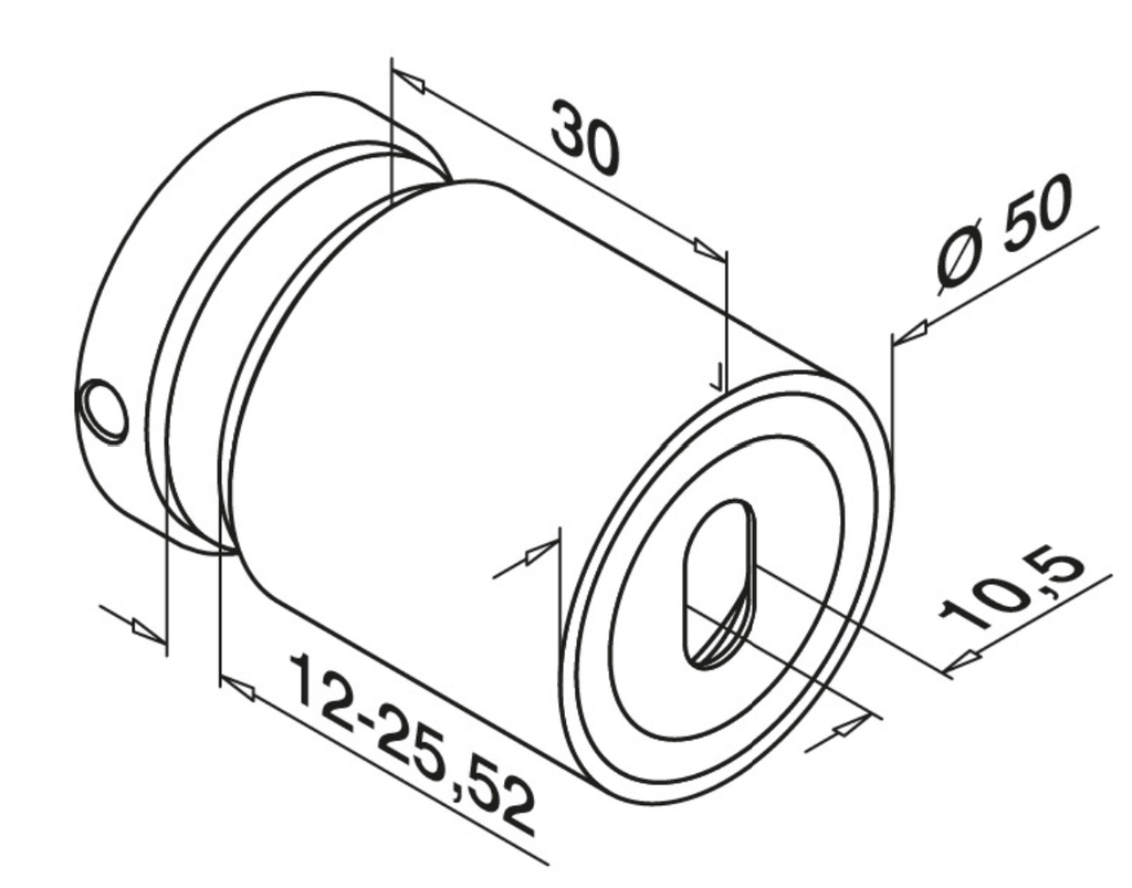Adaptateur à verre, réglable, Ø50 mm, plat; 130749-030-12; plaque 30 mm, verre 12 - 25,52 mm, inox brossé 304 (13074930012)