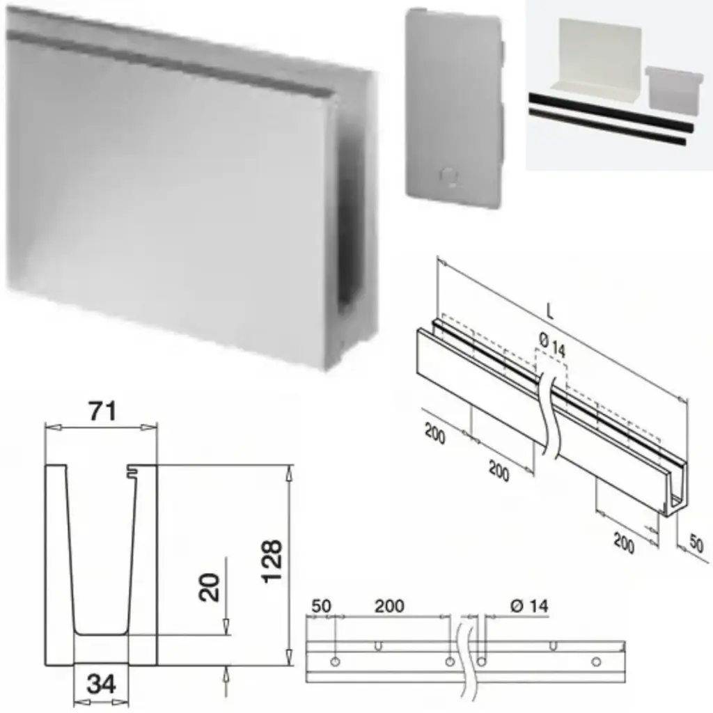 Ensemble Easy Glass 3kN, pour montage au sol : Profil, Embouts droite et gauche, Set de cales pour épaiss. de verre de 25,52mm