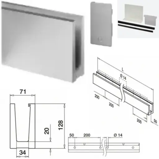 Ensemble Easy Glass 3kN, pour montage au sol : Profil, Embouts droite et gauche, Set de cales pour épaiss. de verre de 25,52mm