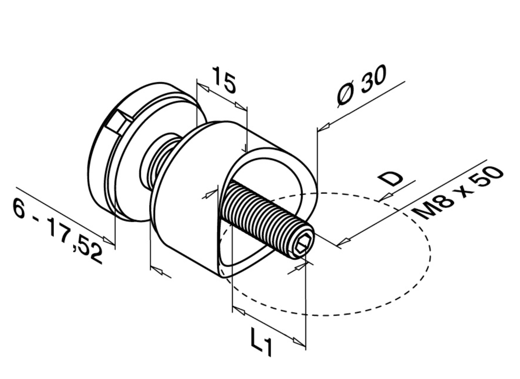 Adaptateur à verre, Ø30 mm, tube Ø42,4 mm; 130746-042-12; filetage M8, verre 6 - 17,52 mm, inox brossé 304 (13074604212) - SELL OUT