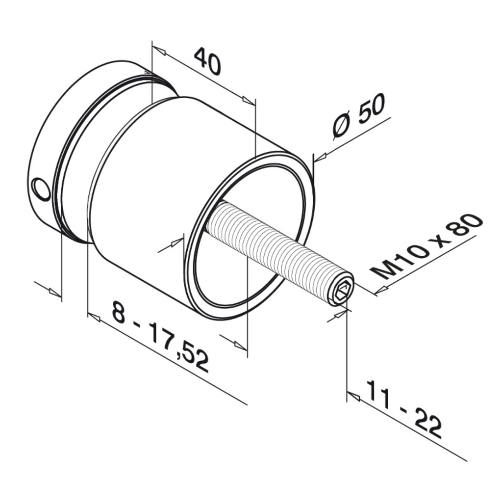 Adaptateur à verre Ø50 mm, plat, plaque 40 mm; 130747-040-12; filetage M10, verre 8 - 17,52 mm, inox brossé 304 (13074740012)