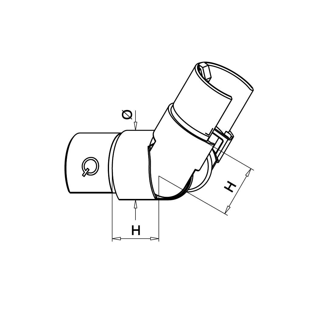 Raccord orientable (25°-55°), vers le haut; 146302-048-01-12; tube à fd de gorge, Ø48,3x1,5 mm, inox brossé 316 (14631204812)