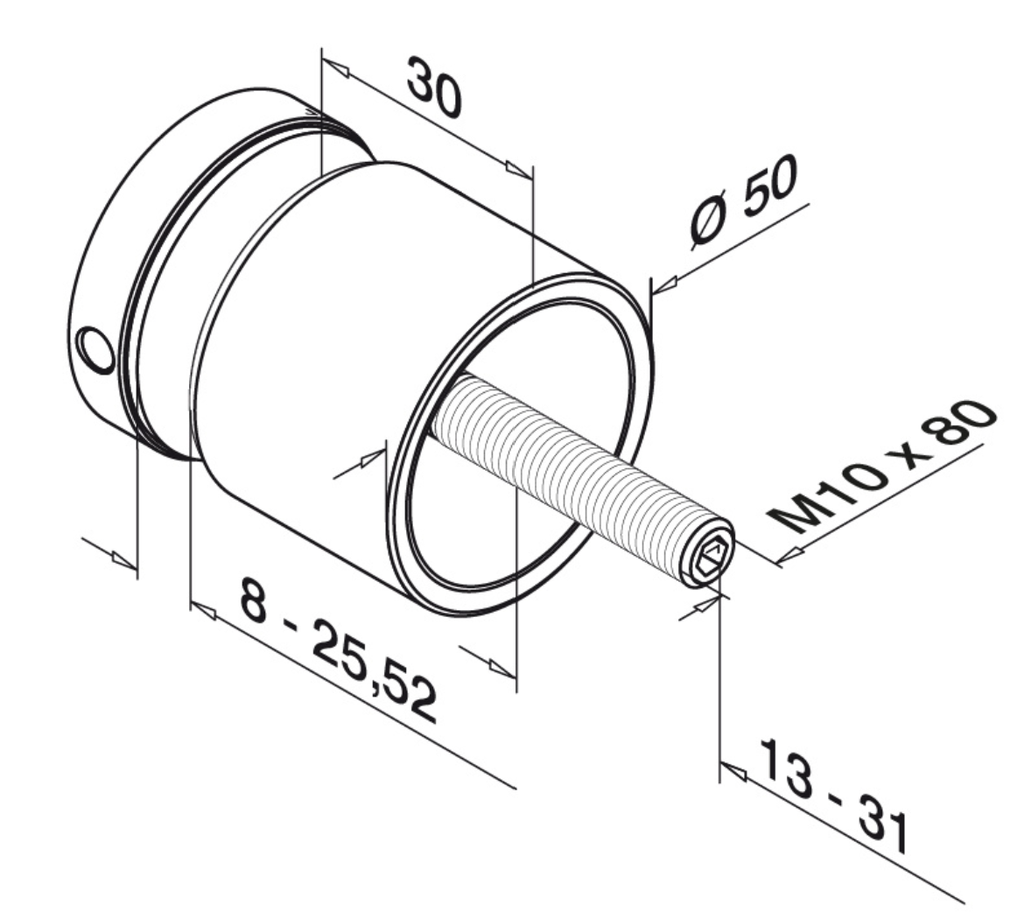 Adaptateur à verre Ø50 mm, plat, plaque 30 mm; 130747-030-12; filetage M10, verre 8 - 25,52 mm, inox brossé 304 (13074730012)