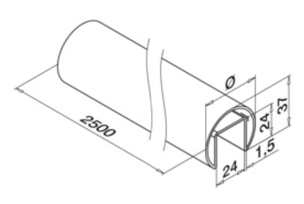 Tube à fond de gorge, Ø48,3 mm x 1,5 mm, L=2500 mm, U=27 mm x 30 mm, inox brossé 304 