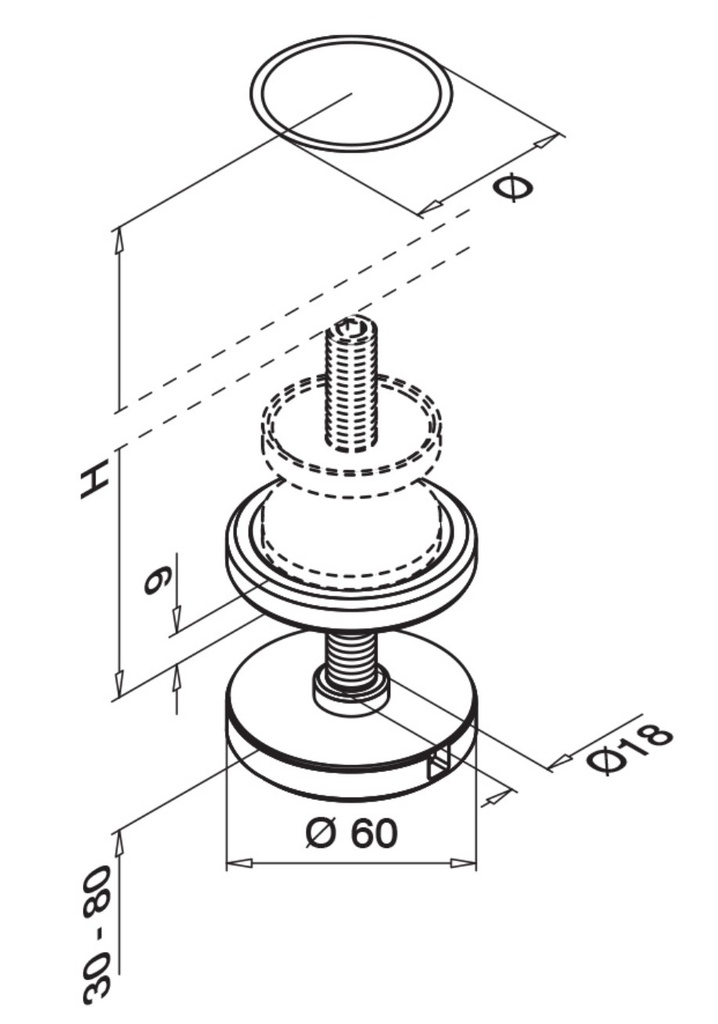 Poteau, MOD 0564, Ø42,4 mm x 2 mm; 130545; pour escalier, H=1150 mm, inox brossé 304 (13056424212)