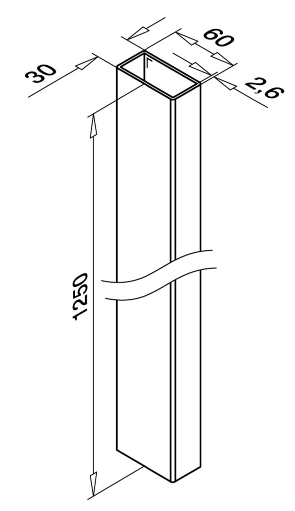 Tube, Square Line, 60x30x2,6 mm; 144902-063-12; H=1250 mm, inox brossé 316 (14490206312) - NEW; BLACK LINE