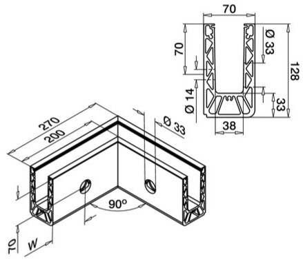 Angle 90°, Easy Glass Smart+, montage latéral; 168331-00-00; , intérieur, aluminium, brut - NEW