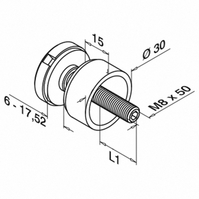 Adaptateur à verre, Ø30 mm, plat; 140746-015-12; filetage M8, verre 6 - 17,52 mm, inox brossé 316 (14074600012) - SELL OUT
